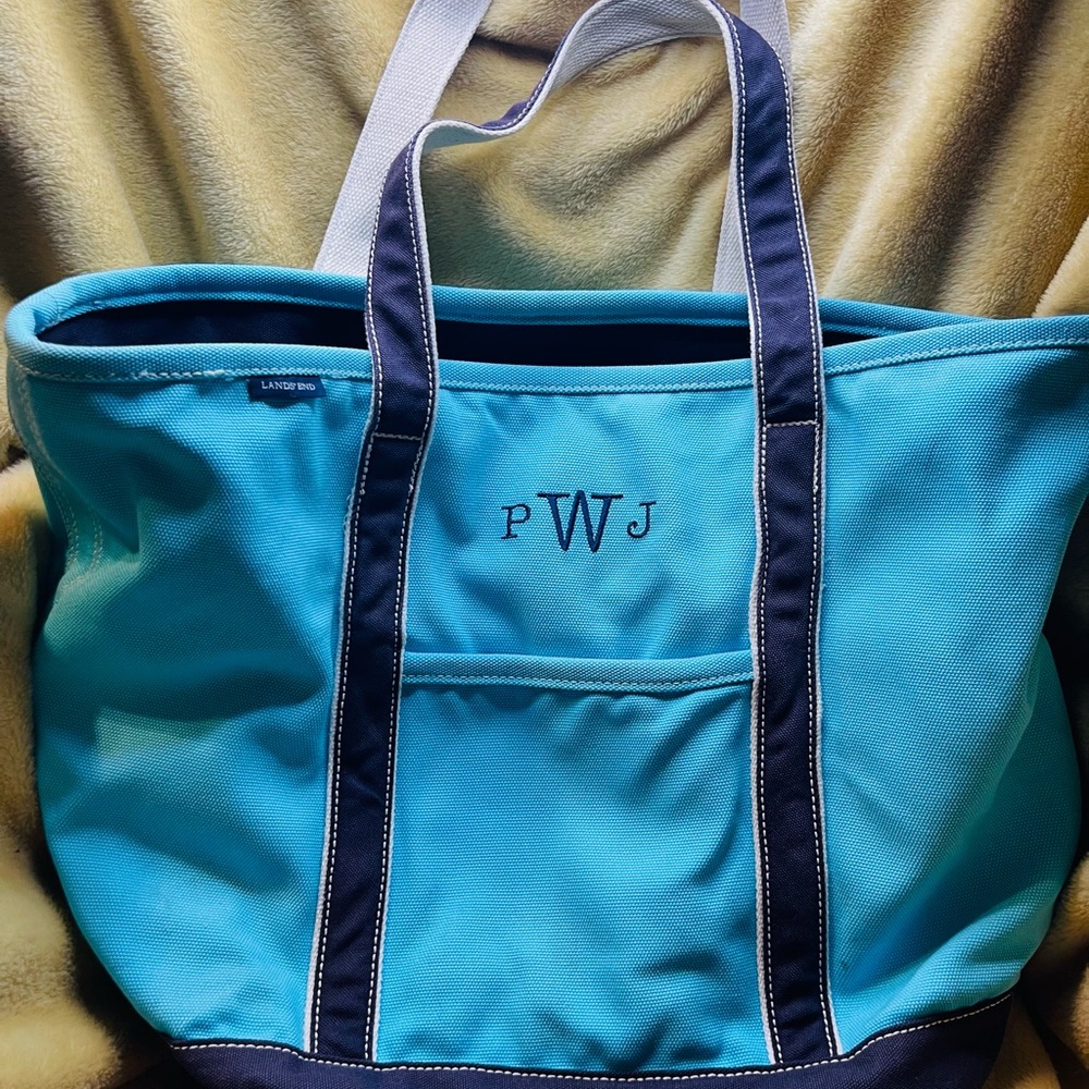 Lands' End Blue Tote PWJ monogram as is